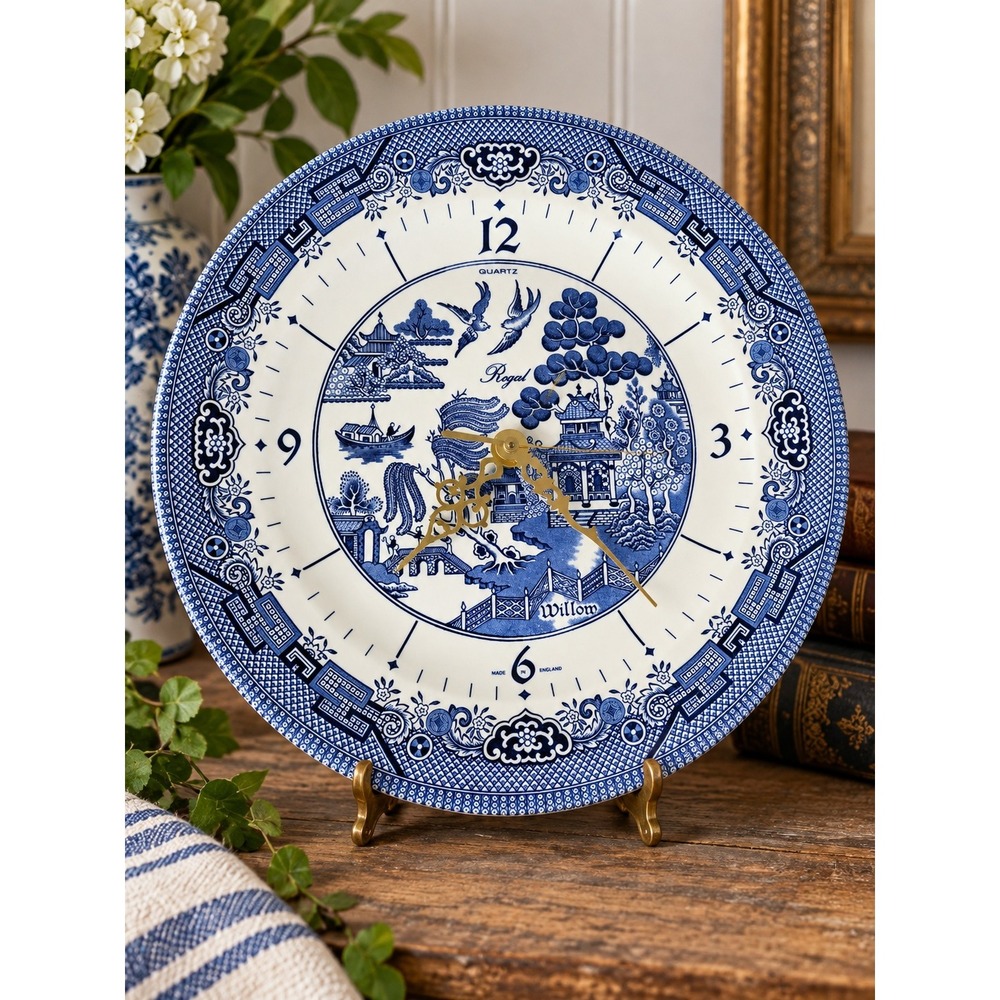 Vintage Churchill Regal Willow Blue White Ceramic Wall Clock England 10"